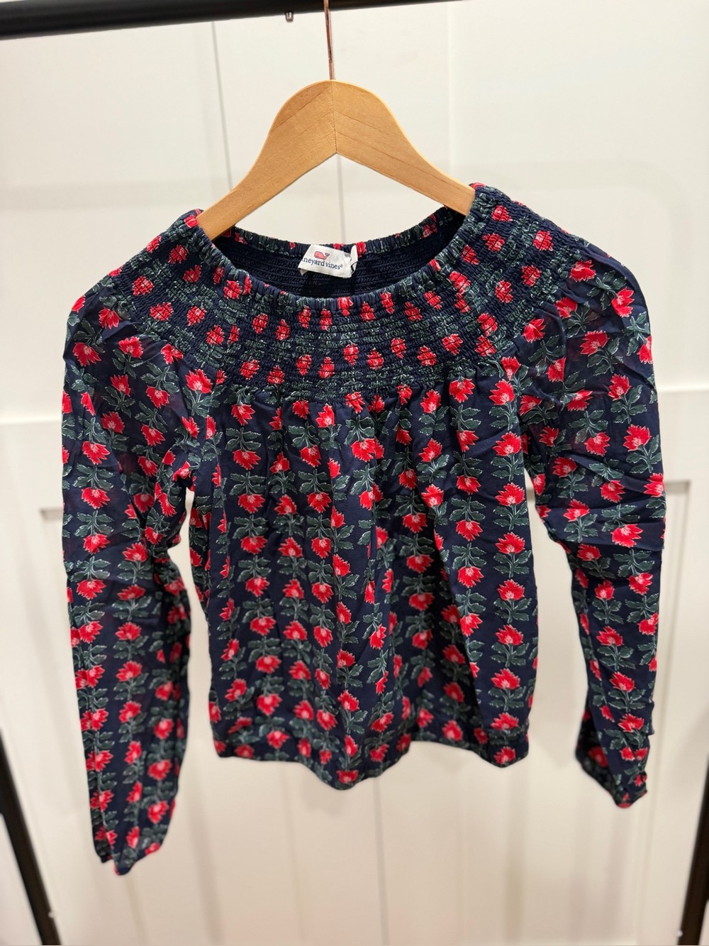Vineyard Vines Girls Navy Long-Sleeve Floral Top with Red Flowers